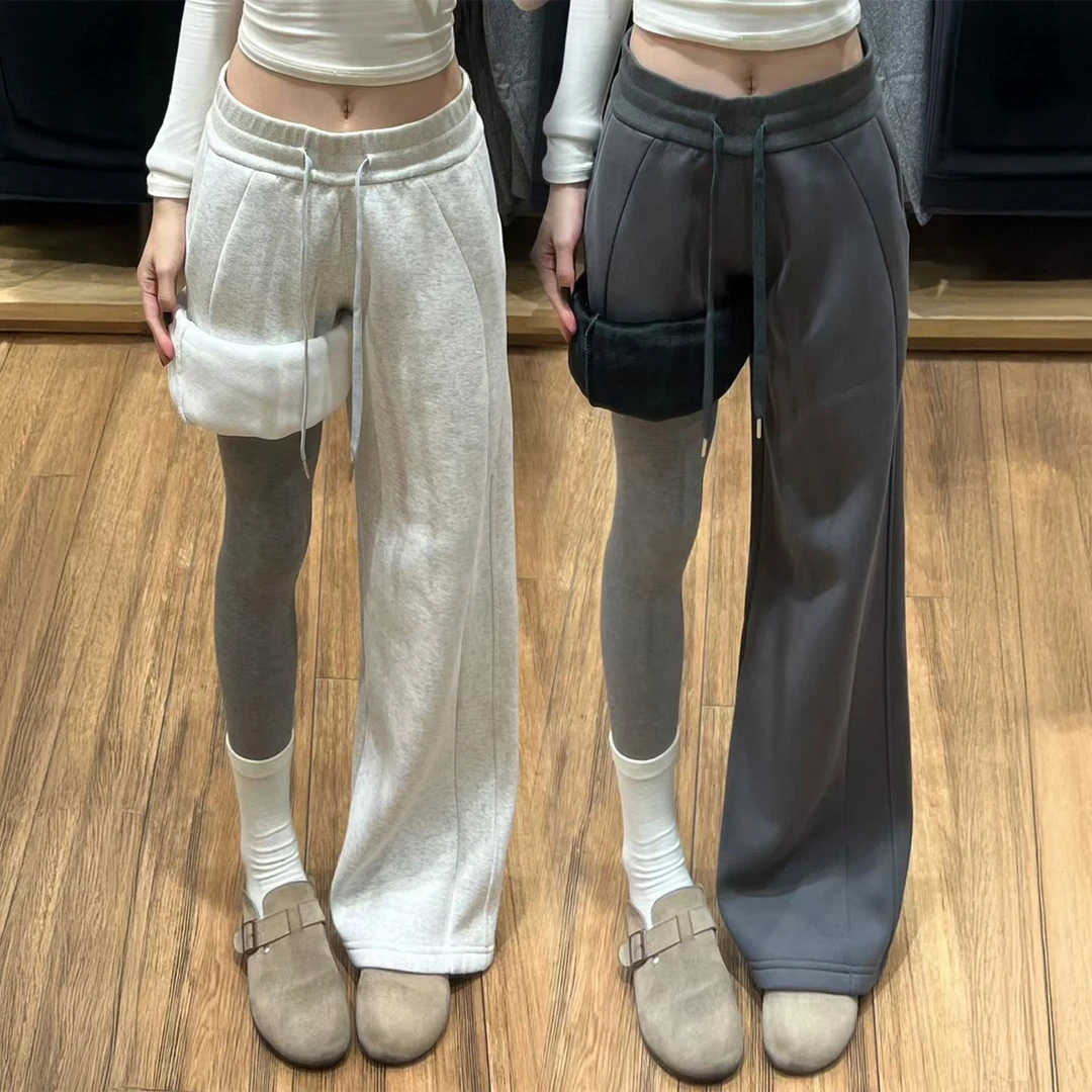 美式加绒加厚雪花灰运动卫裤女秋冬新款大码胖mm宽松显瘦休闲长裤