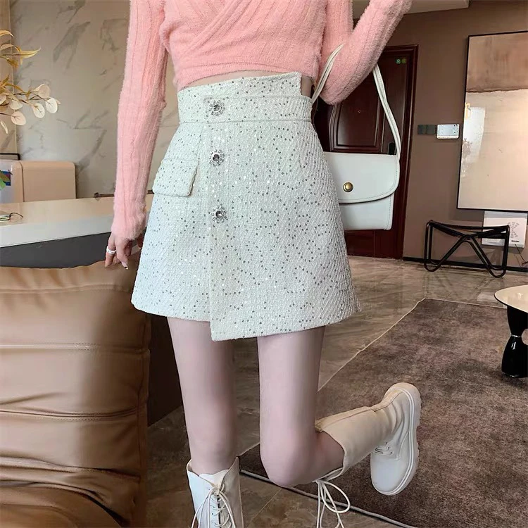 （蓝）小香风毛呢半身裙女秋冬包臀时尚气质显瘦百搭a字裙