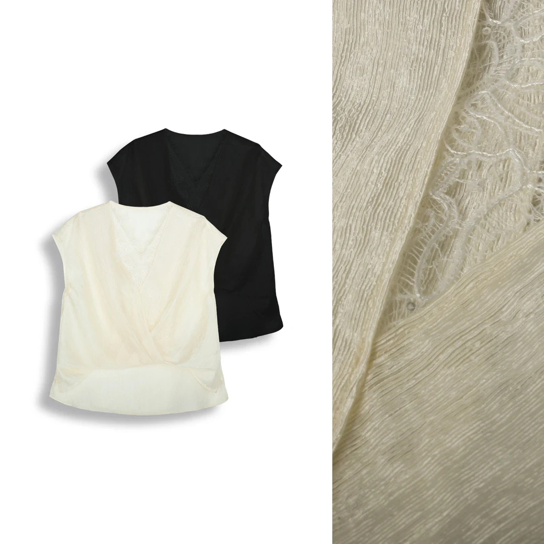 夏季新款凉感舒适休闲风薄款蕾丝拼接V领无袖T恤上衣独特漂亮小衫