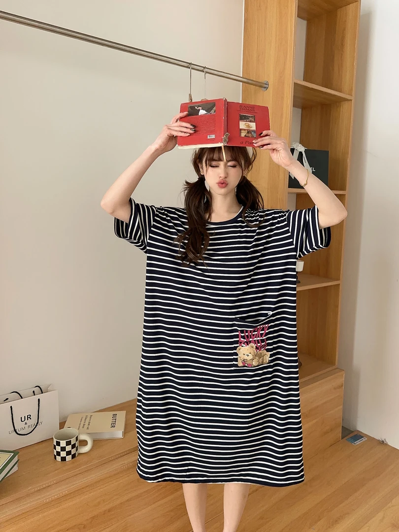 优可丝【条纹口袋睡裙】女士大码家居服可外穿200斤夏季