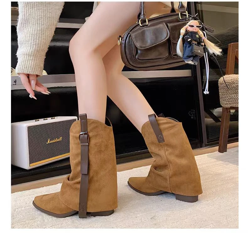 【新疆包邮】牛皮版~25年新款加绒美拉德尖头堆堆靴A710-1M