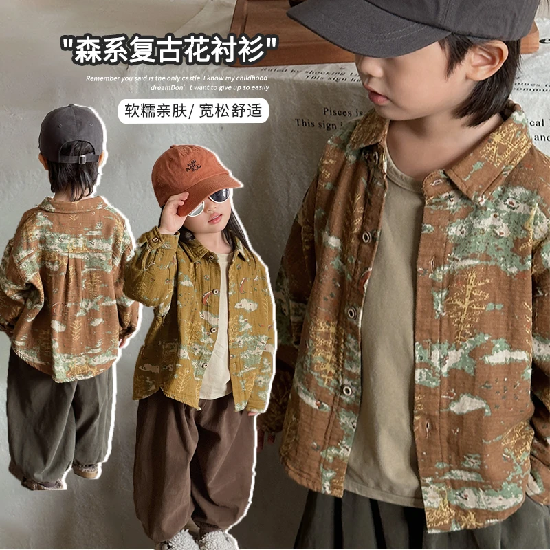 《春上新》LW201国风韵味！男童女童吸晴敦煌文艺风衬衫个性印花衬衣