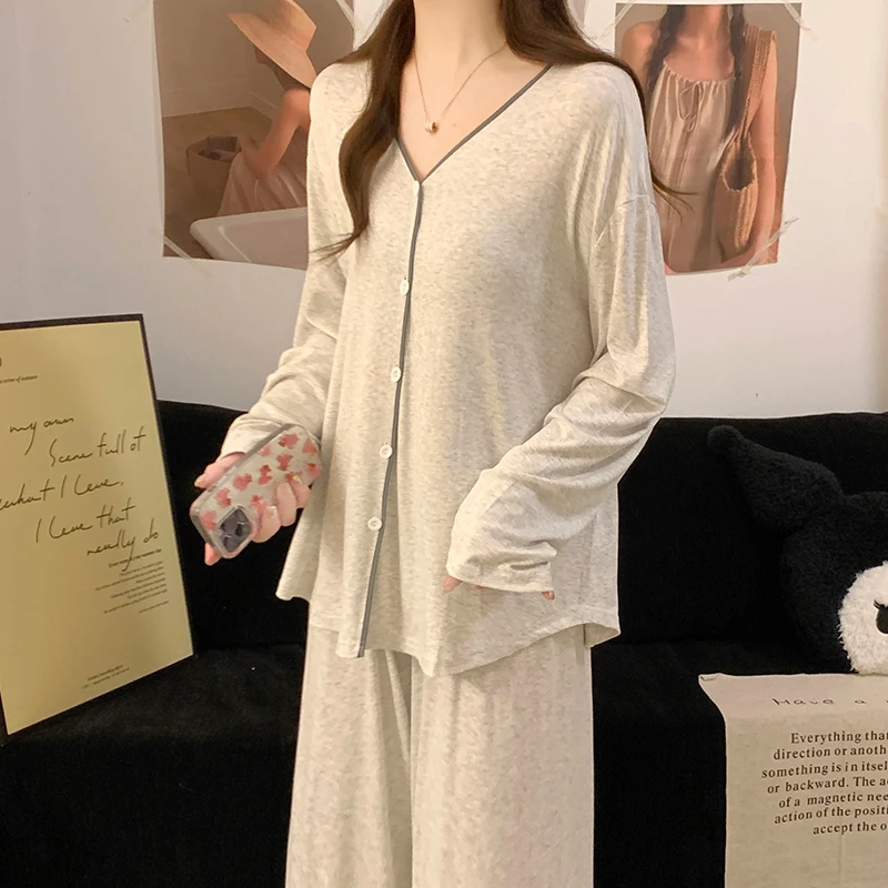 睡衣女款春秋季长袖人棉小性感薄款纯欲风白灰纯色圆领家居服套装