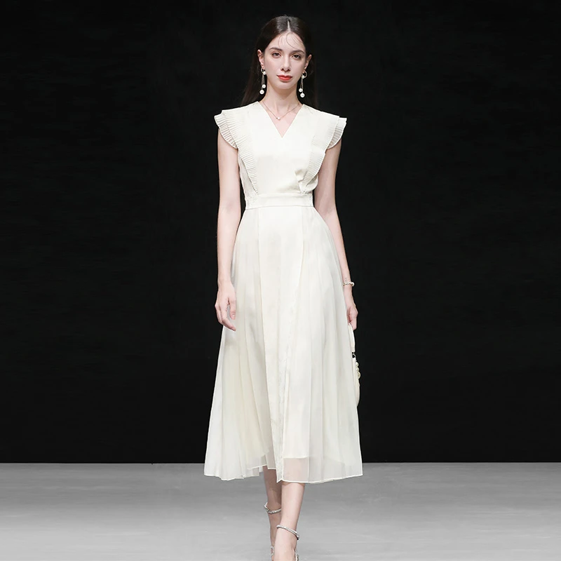 夏季新款法式仙女范长裙优雅荷叶边收腰大摆赫本连衣裙女QC33818