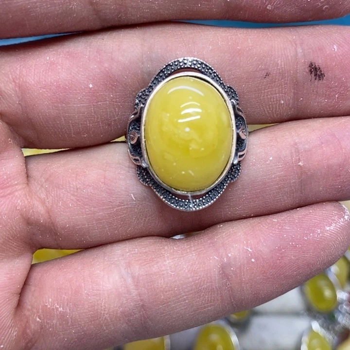 蜜蜡裸石银S925镶嵌戒指