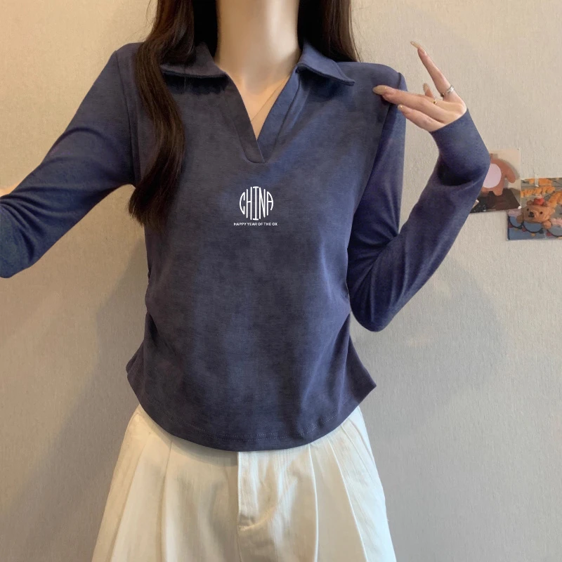 polo领纯棉扎染正肩长袖t恤女春秋季设计感小众收腰打底衫上衣潮