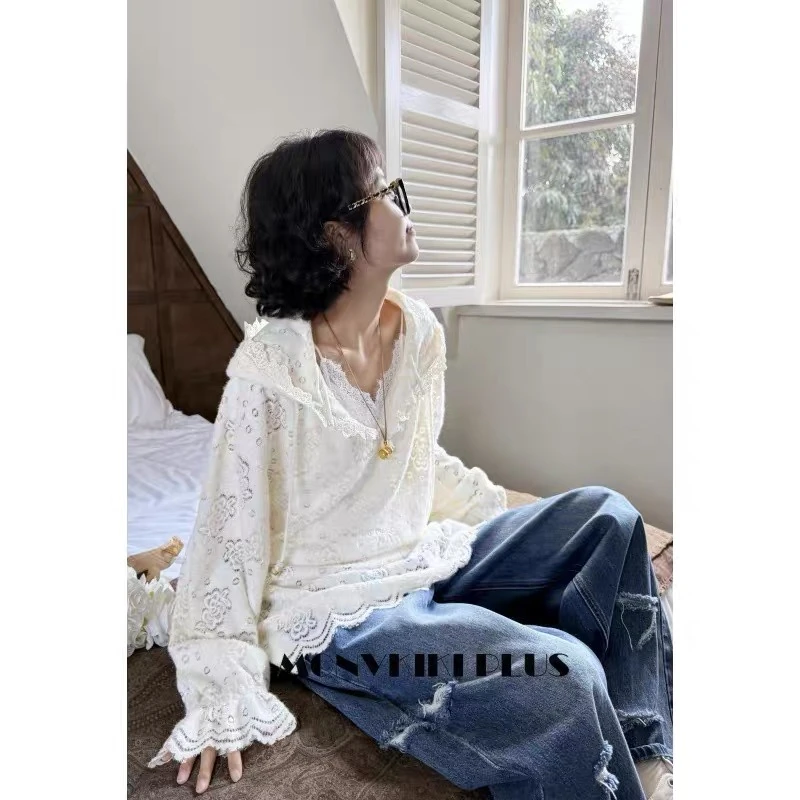 【蜜爷家】秋季毛感蕾丝花连帽上衣9011#