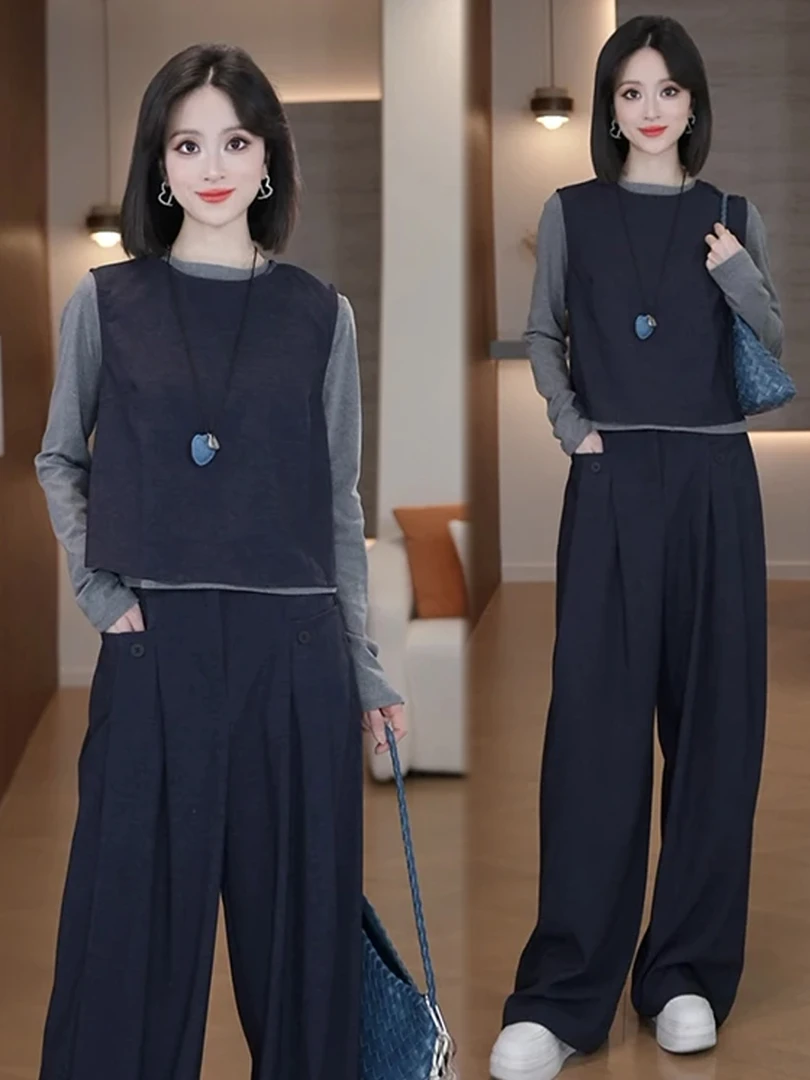 藏青色气质马甲阔腿裤套装2025秋季新款韩系穿搭高级松弛感三件套