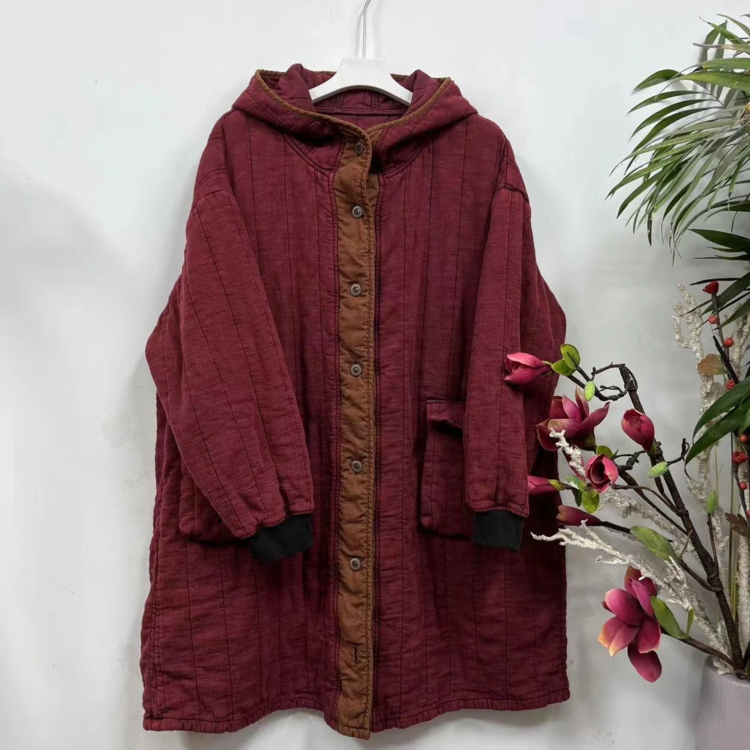 花璟原创设计复古炒色做旧连帽双层夹棉外套（衣长95胸围140）