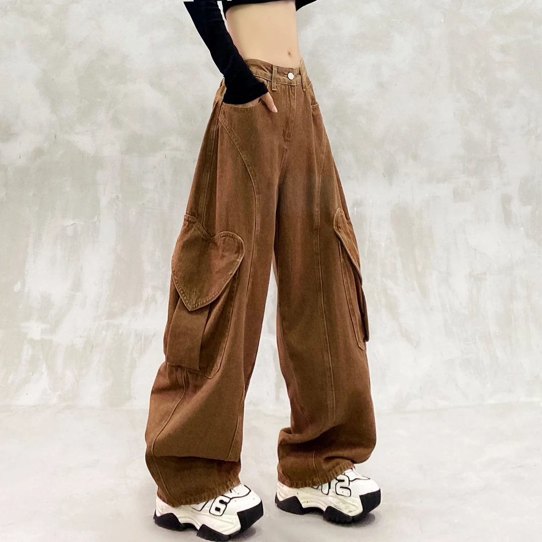 侧边口袋装饰拼接休闲弯刀牛仔裤女秋新款高腰宽松显瘦百搭镰刀裤