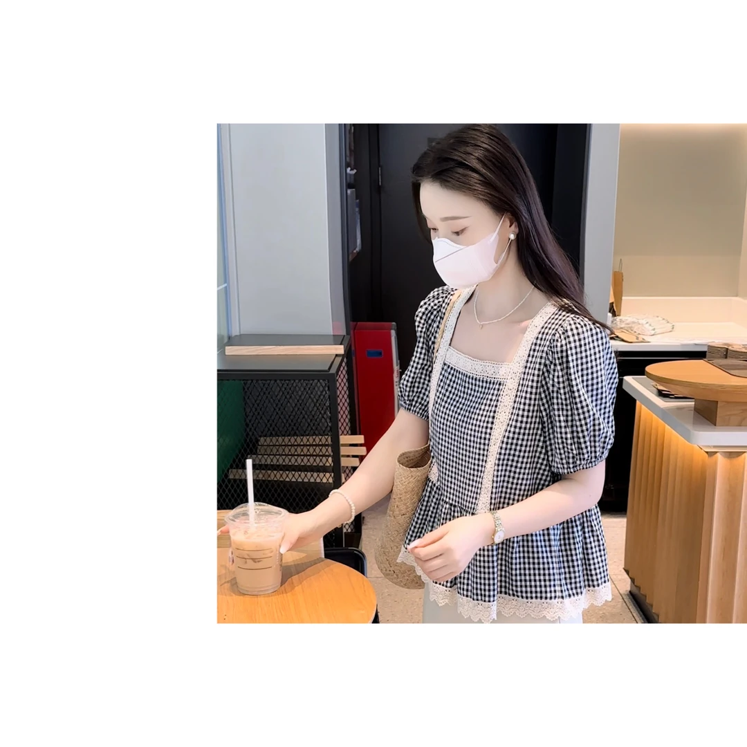 BK 蕾丝拼接方领格子短袖衬衫2025夏季新款女装洋气遮肉显瘦上衣
