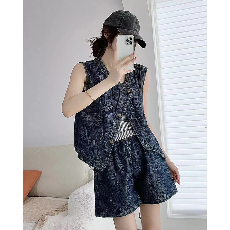 酷飒拽姐印花牛仔套装女夏季时尚洋气减龄显瘦无袖马甲短裤两件套