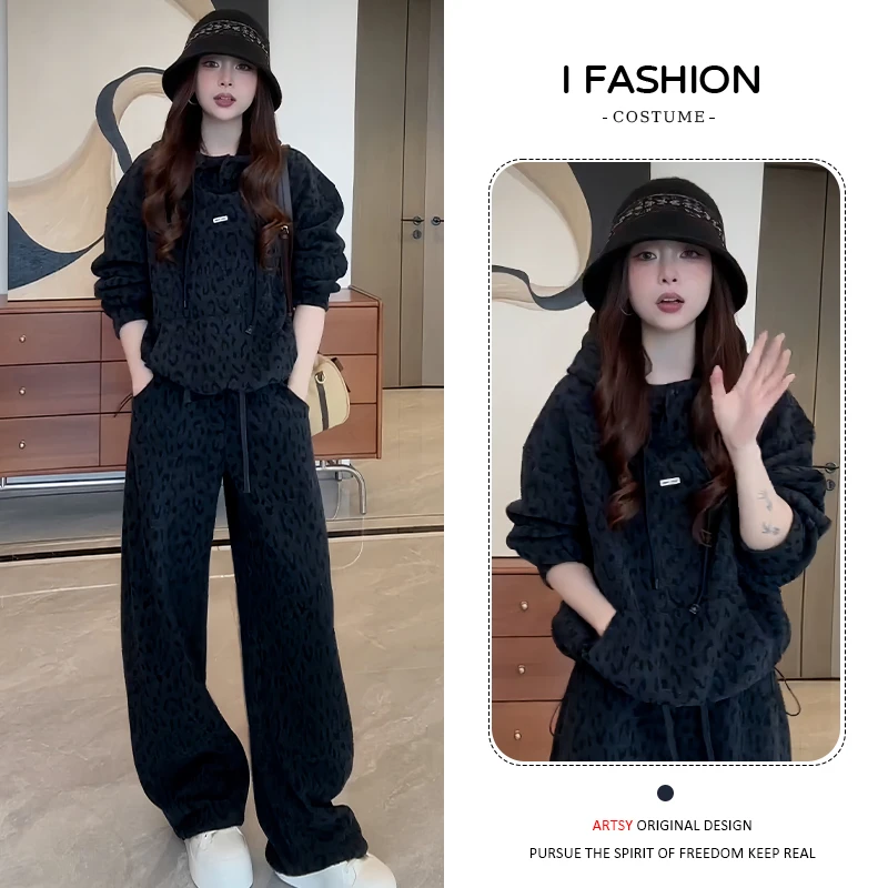 韩版时尚高级感套装女2025冬季新款加棉加厚百搭卫衣阔腿裤两件套