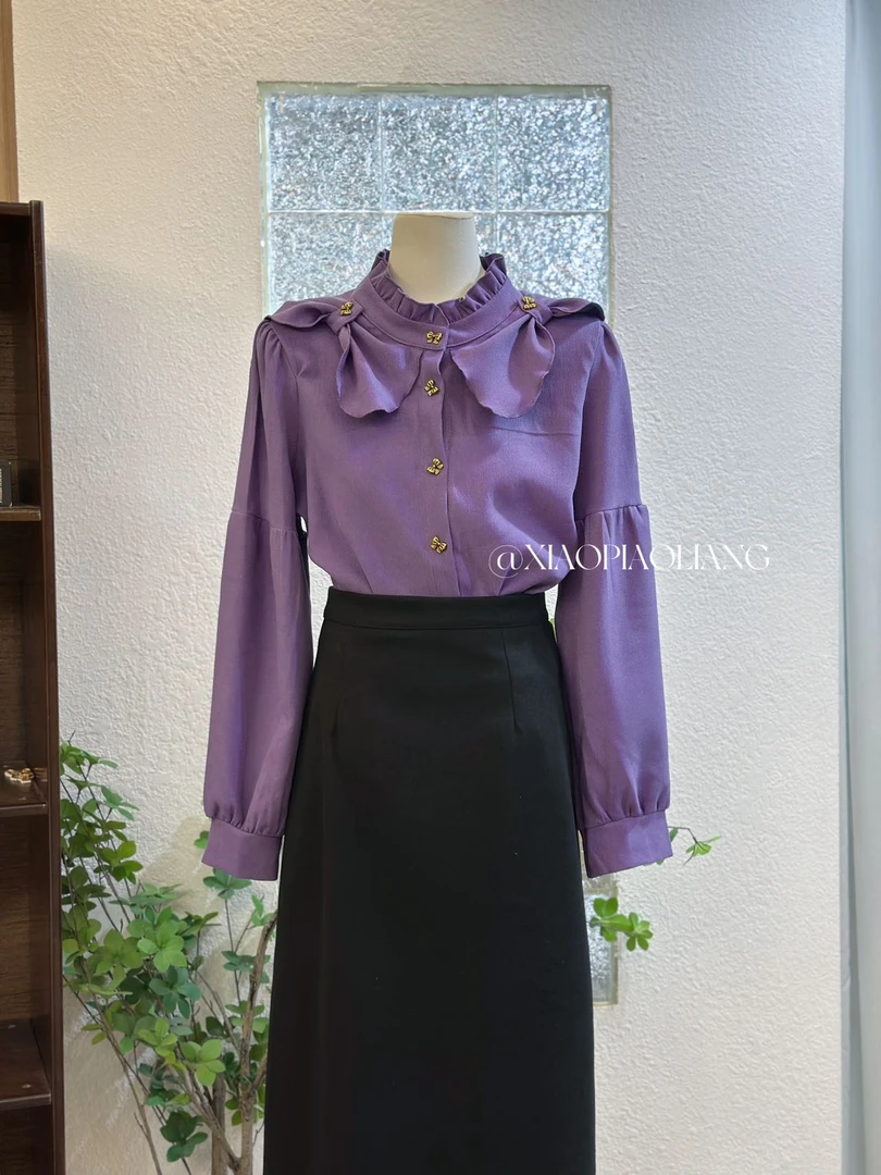 Z-2024新款蝴蝶结紫色复古百搭长袖女时尚上衣洋气衬衣衬衫8549#