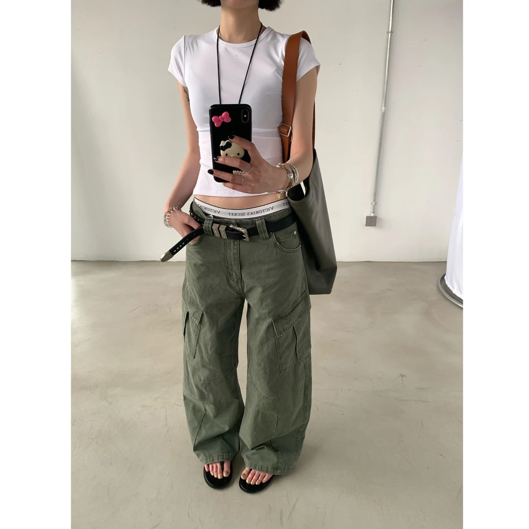 美式复古高街多口袋直筒工装裤夏季褶皱直筒宽松阔腿裤休闲裤女