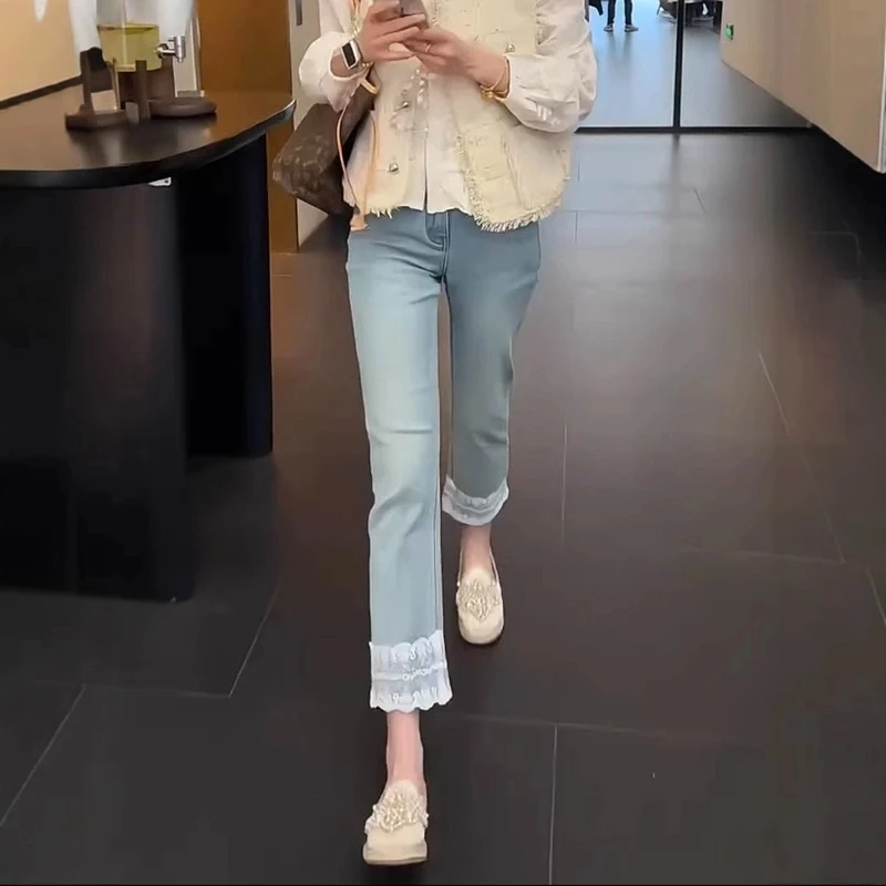 春夏新款高腰显瘦九分直筒牛仔裤大码百搭蕾丝边弹力修身烟管裤子
