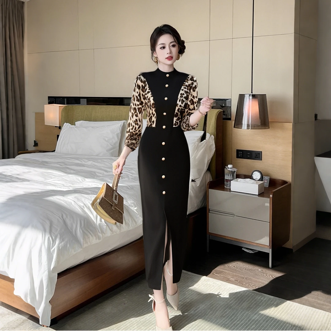 【ZY】黑色豹纹拼接长袖礼服裙女开叉设计感中长款气质连衣裙D0607