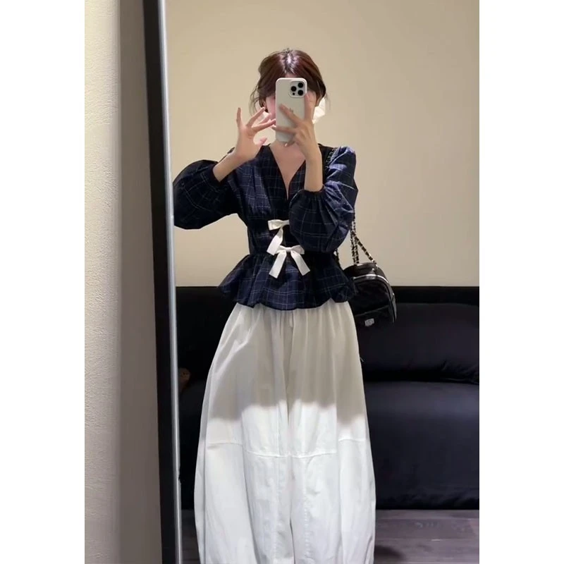 慵懒少女韩系蝴蝶结收腰格纹上衣~气质高腰花苞半裙时尚套装B063