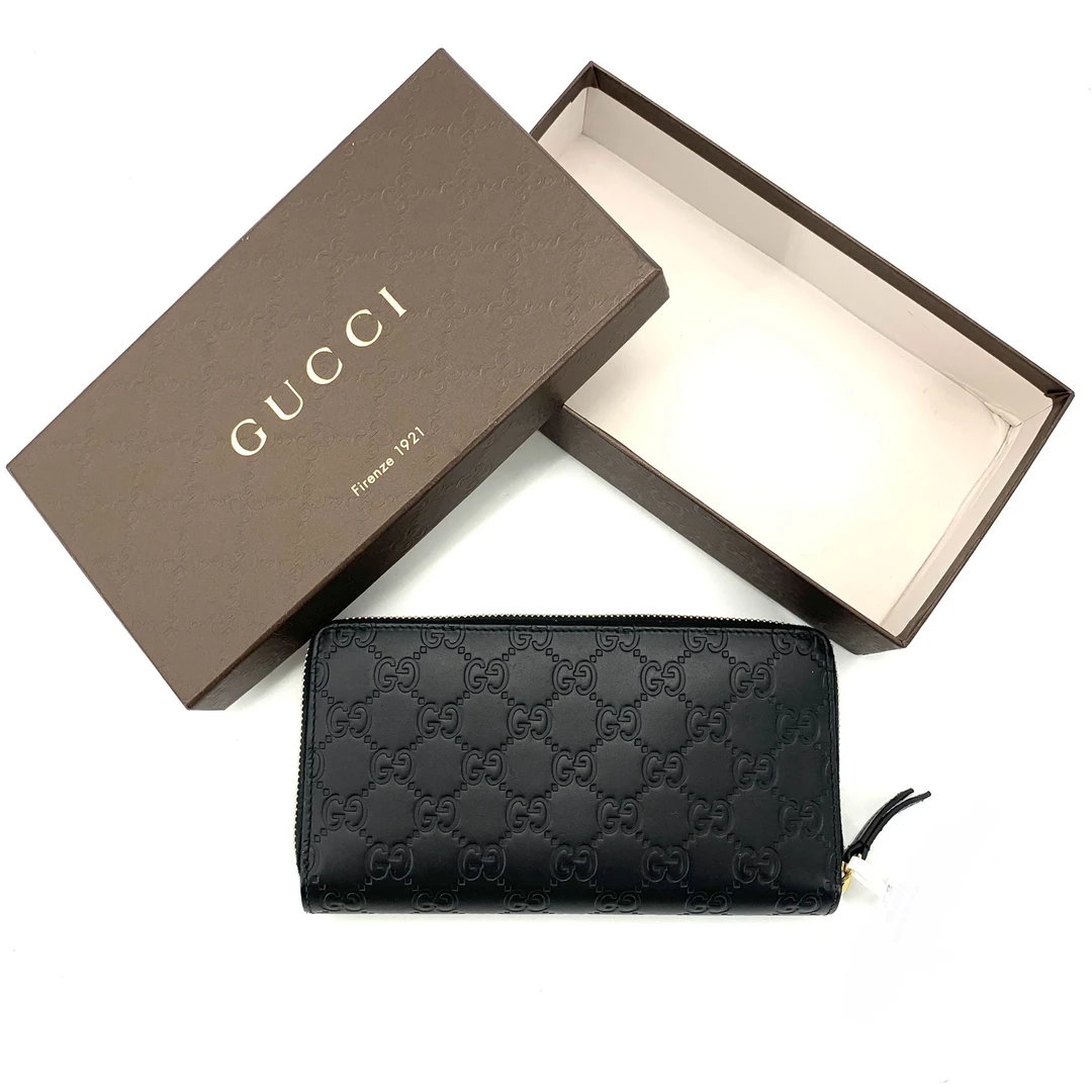 99新 GUCCI/古驰 经典商务黑色全皮双G压花男士拉链钱包尺寸19/10