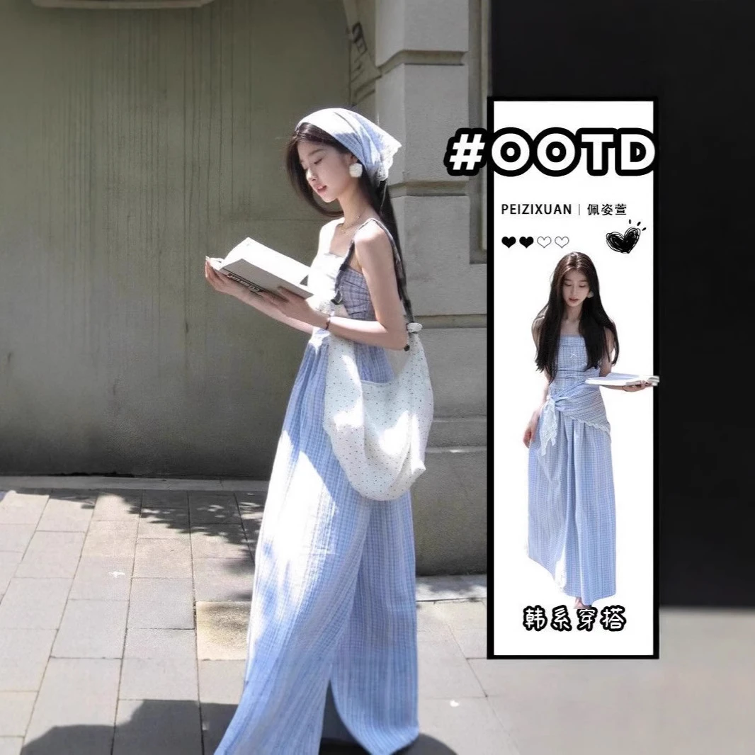 连衣裙2025新款蓝色格纹抹胸吊带后妈裙女夏季法式收腰小众显裙子