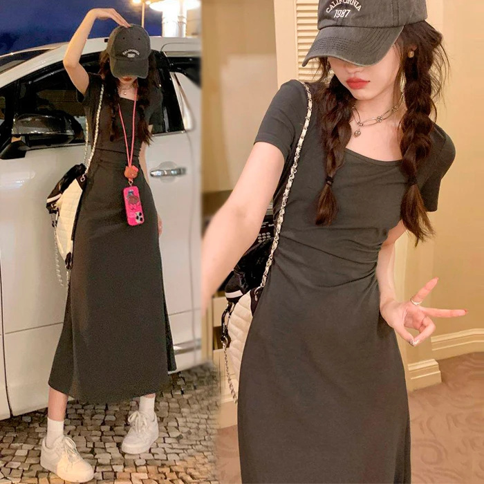 小个子长款T恤裙法式方领短袖连衣裙修身褶皱收腰a字裙夏