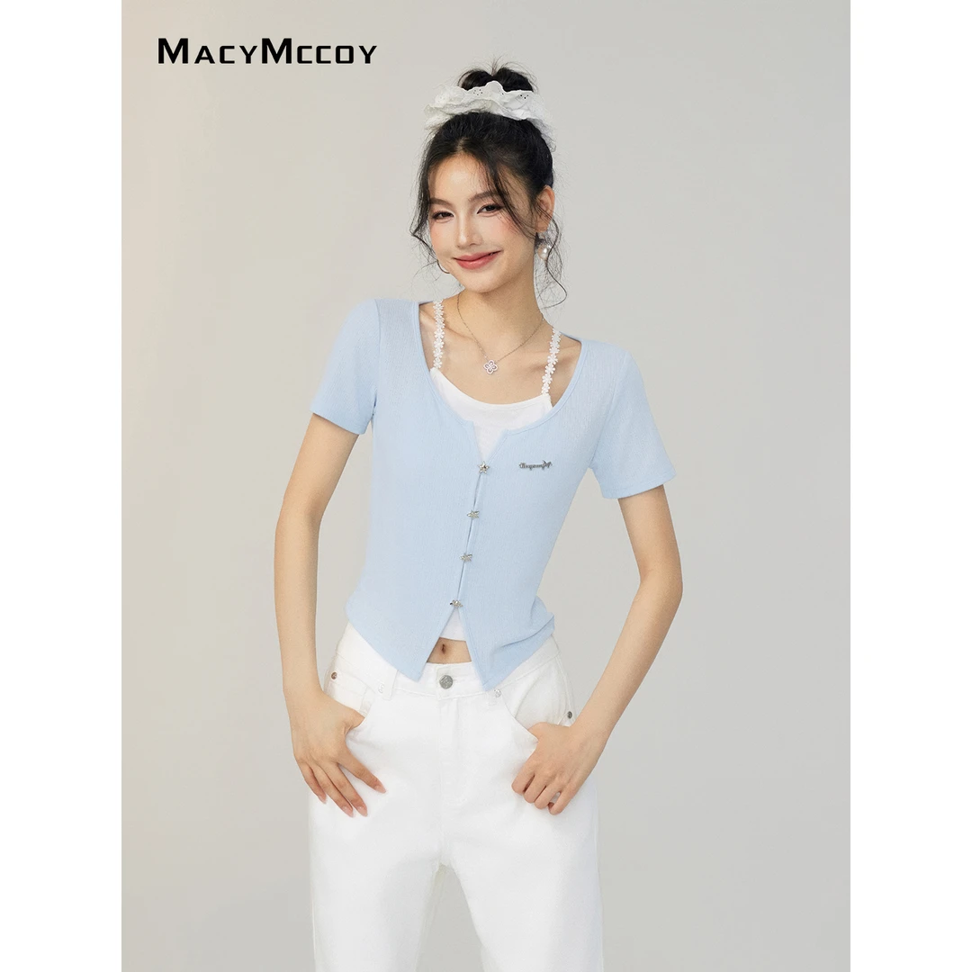 【毛毛专享】MacyMccoy假两件拼接上衣女腰显瘦莱赛尔天丝短袖T恤
