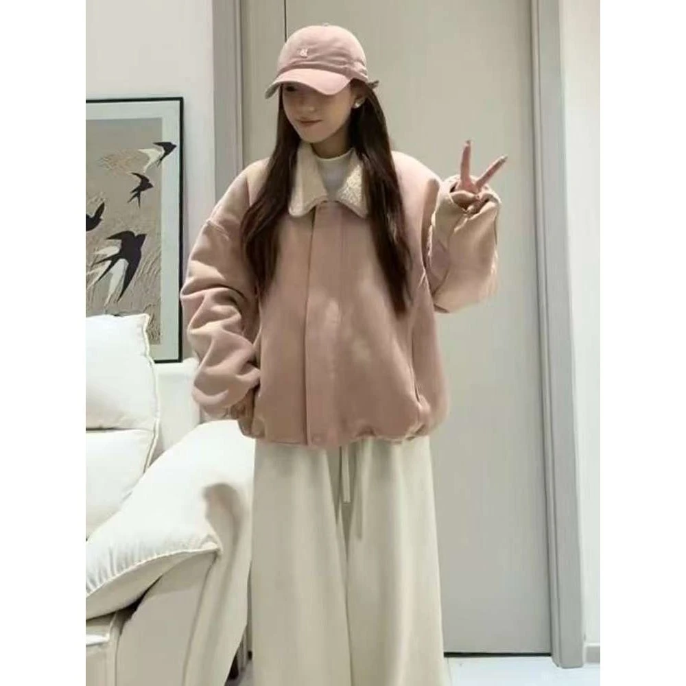 韩系宽松翻领皮毛一体外套女2025秋冬新款显瘦加厚羊羔毛百搭夹克