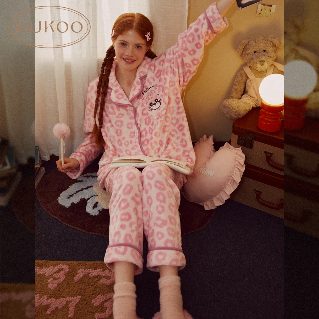 Gukoo/果壳粉色豹纹冬款家居服套装加厚保暖