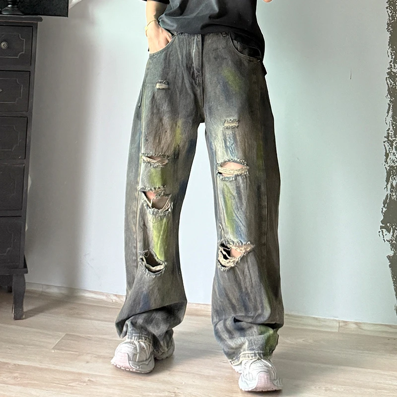 美式复古休闲长裤牛仔裤男扎染直筒四季通用做旧嘻哈风破洞裤子潮