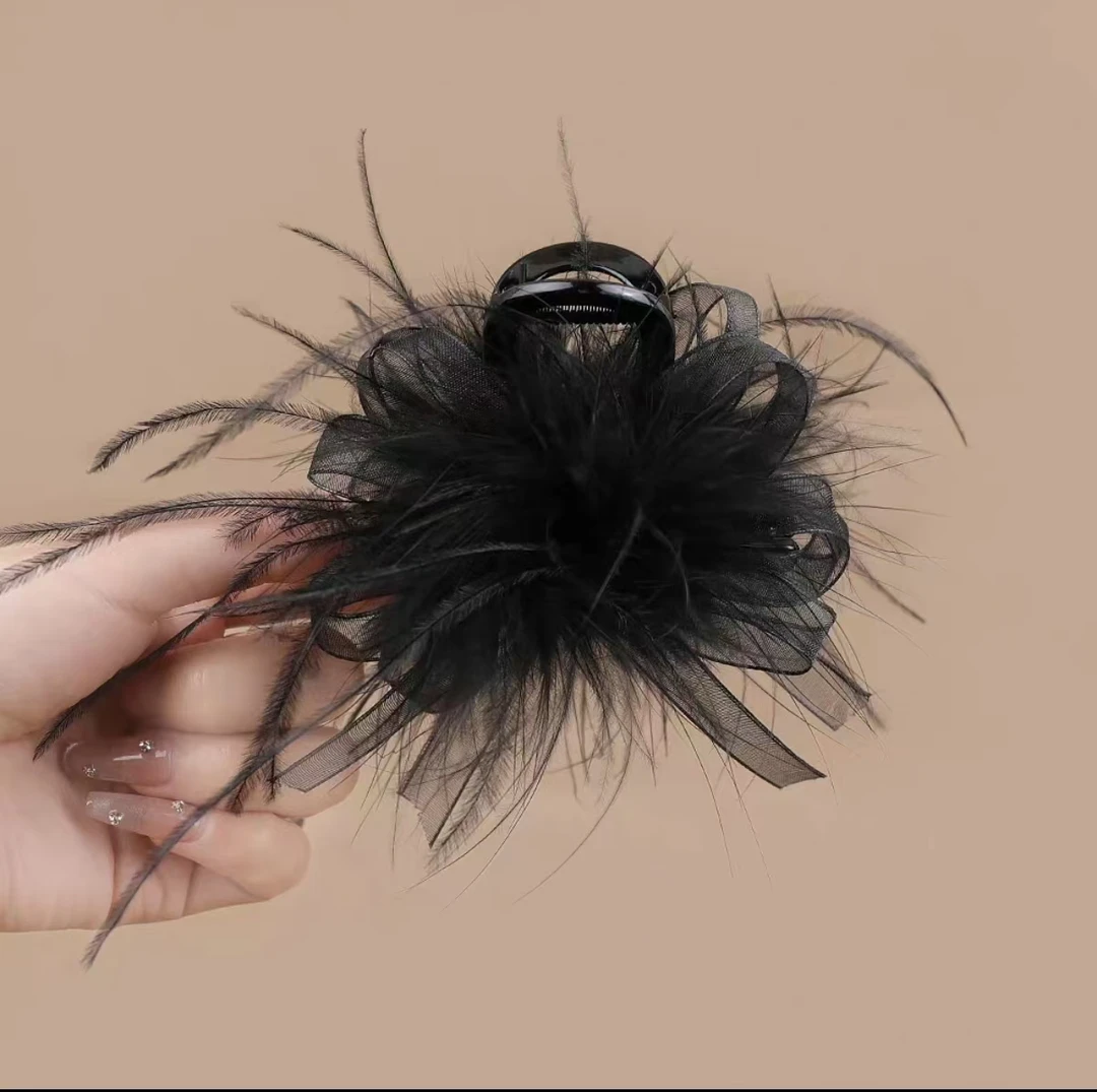 20205时尚网纱羽毛抓夹鲨鱼夹 驼鸟毛发夹后脑勺半扎毛毛发抓头饰