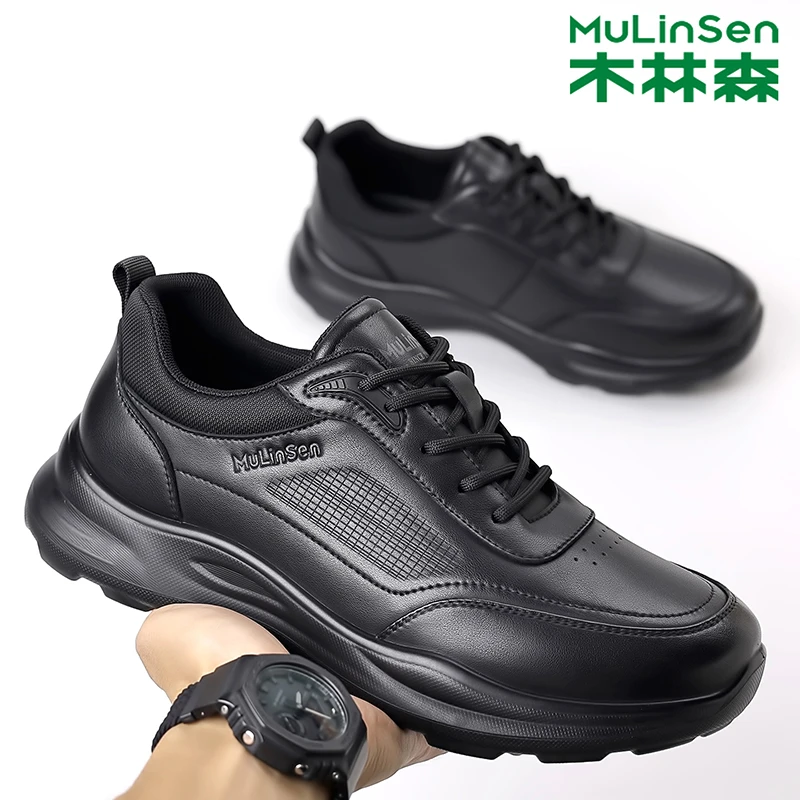 木林森2025新款秋季男士增高防滑商务透气休闲百手工德比男士皮鞋