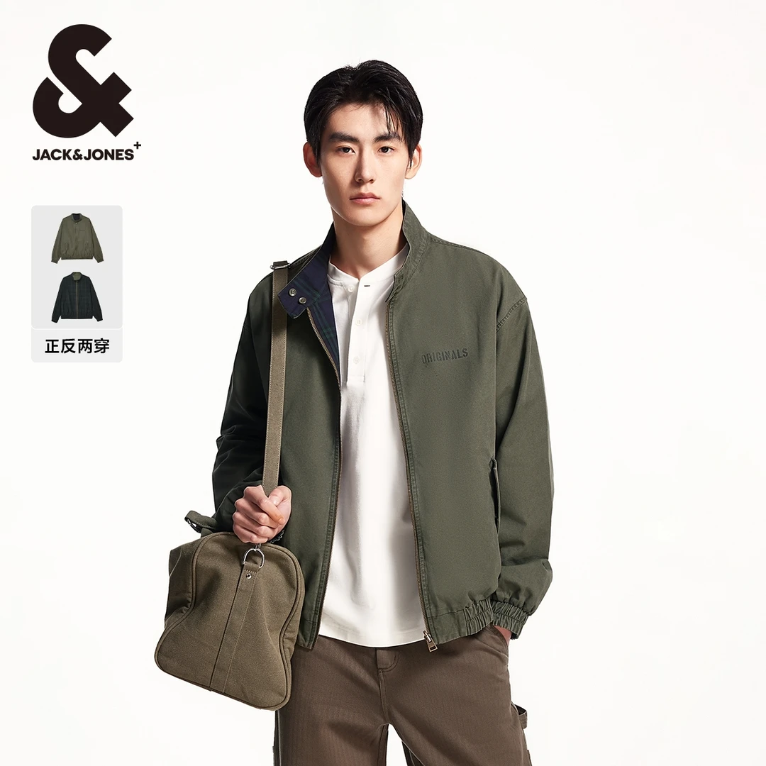 重复杰克琼斯男装秋季夹克百搭纯棉纽扣立领口袋可双面穿长袖外套
