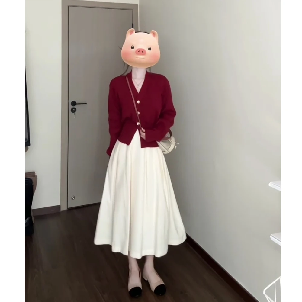 高智姐小香风套装裙显瘦安可拉红毛衣开衫针织上衣半身裙两件套