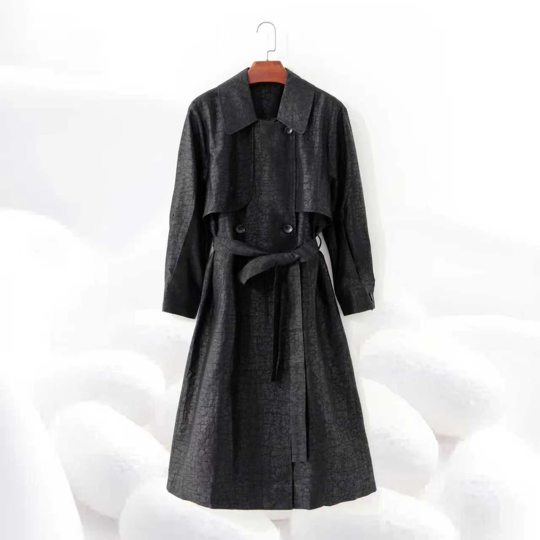 【飒姐老龟风衣】100%桑蚕丝香云纱经典长风衣老料爆裂龟纹dz130