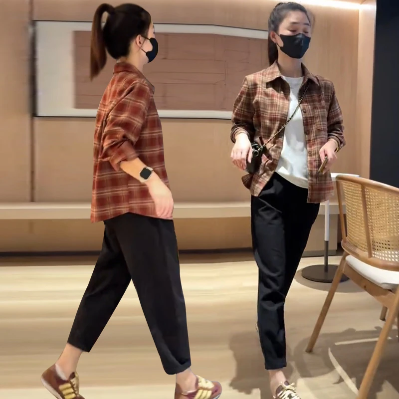 爆款超好看磨毛加厚撞色格子衬衫外套女2025春秋装新款显瘦穿上衣