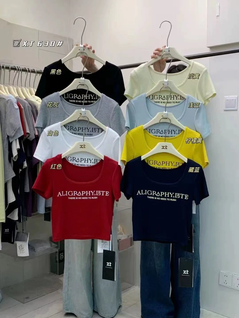 夏季印花短款潮流打底0g设计师字母021短袖方领显瘦T恤9089