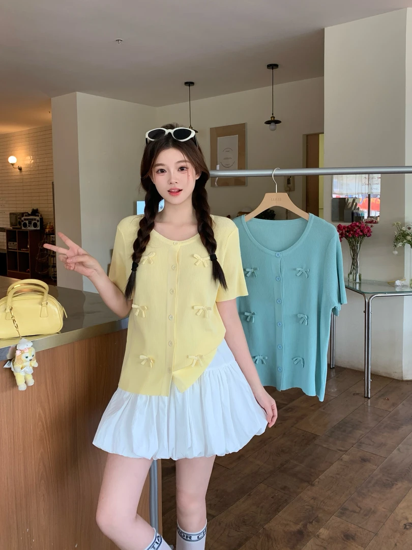 2025夏装新款胖mm大码立体蝴蝶结短袖针织开衫甜美薄款上衣69331