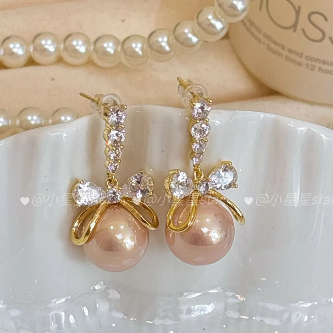 铜合金耳饰 蝴蝶结珍珠耳环轻奢高级感耳钉