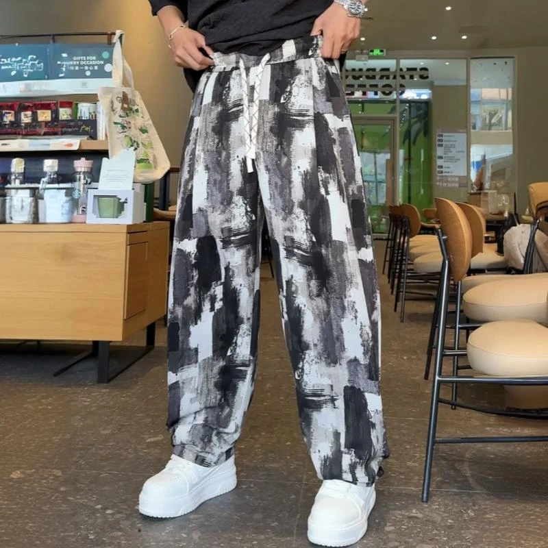 【TQUX港奢男装】夏季薄款国风扎染水墨花弯刀休闲裤男冰丝速干宽