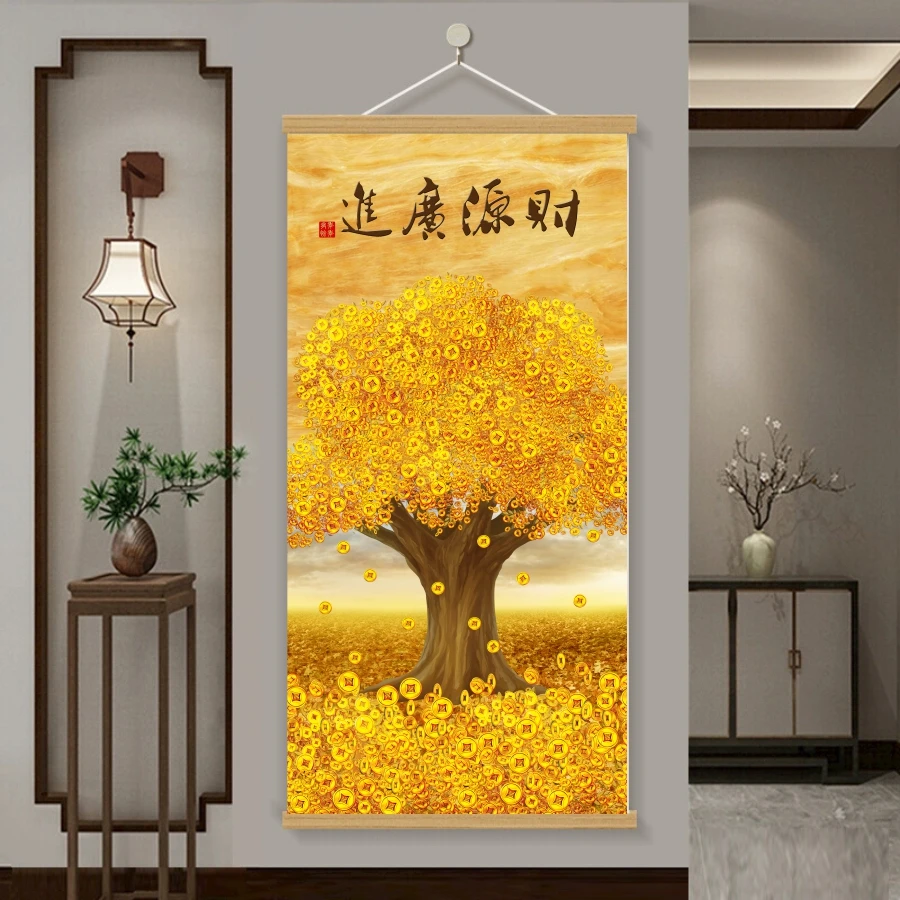 招财进宝玄关装饰画客厅高档挂画现代轻奢黄金满地五福临门发财树
