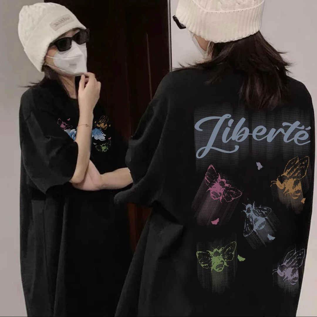 AZGO百搭宽松印花ins美式纯棉休闲小众学生圆领T恤（彩色蝴蝶）