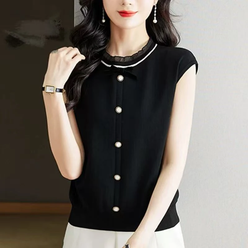 蕾丝领小香风/时尚百搭单排扣套头女士针织上衣短袖042709