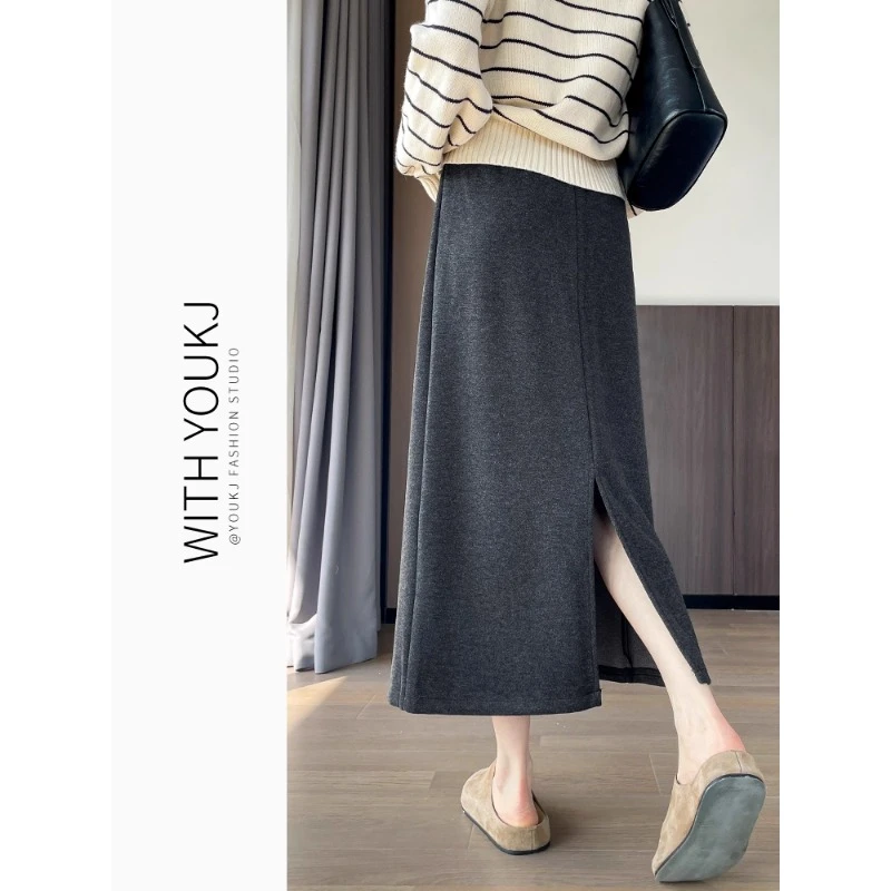 灰色半身裙女秋冬高腰毛呢包臀后开叉中长直筒A字裙