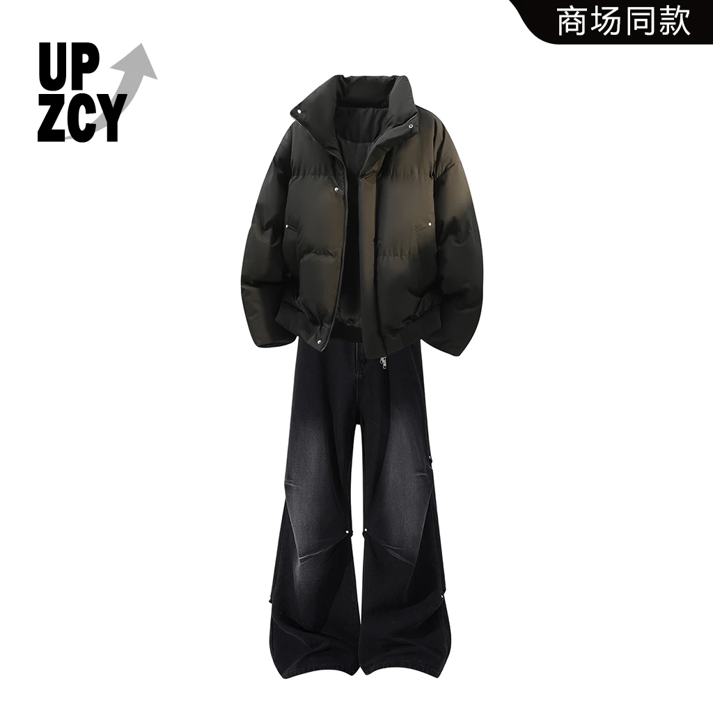 UPZCY美式纯色棉服套装2025冬季新款潮流水洗做旧牛仔裤两件套