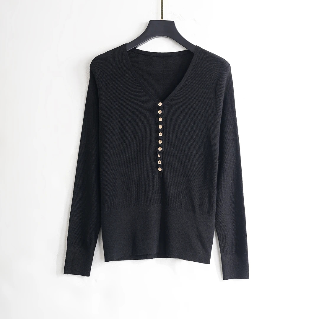 【春季上新】C5518黑色韩版设计感单排扣气质洋气百搭套头针织衫