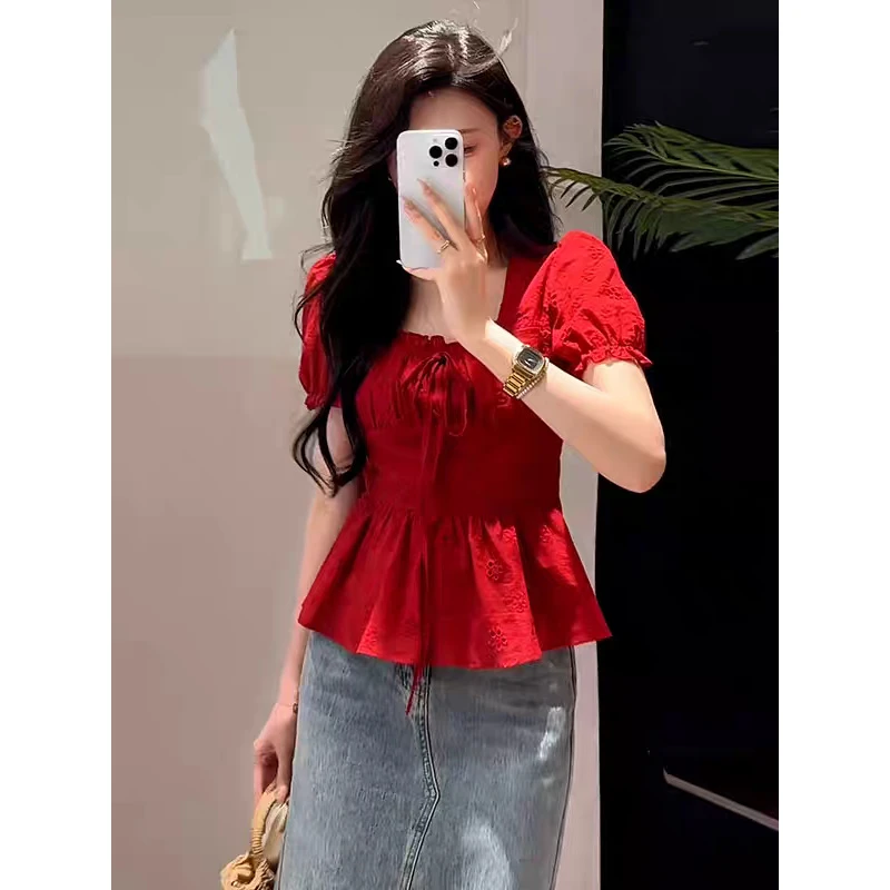 大码温柔风气质修身显瘦2025夏季短袖衬衫女设计感法式上衣-1027