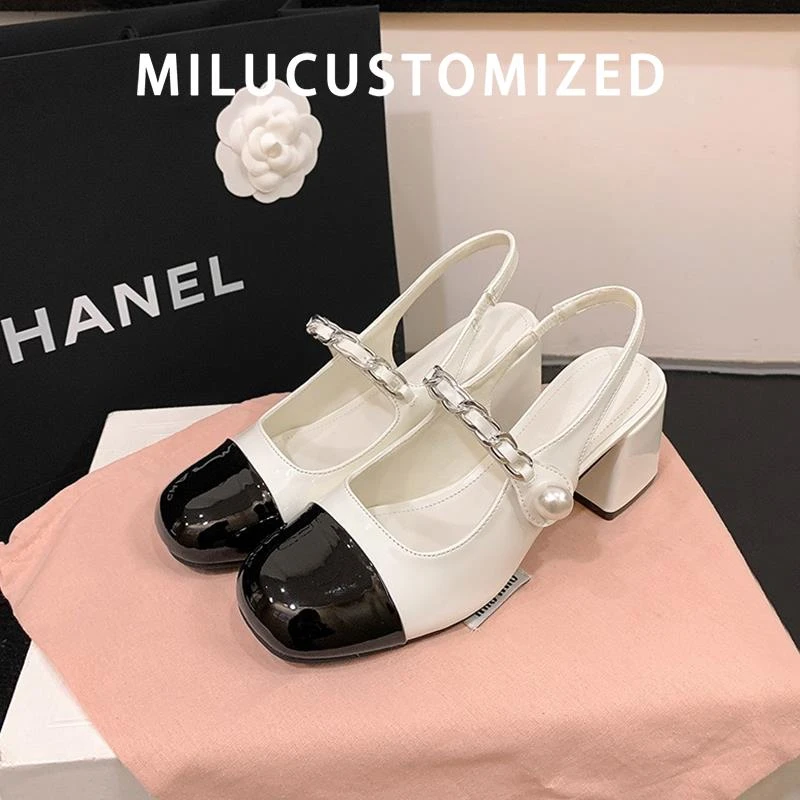 真皮高跟玛丽珍鞋女2025春季新款粗跟圆头凉鞋一字带珍珠链条单鞋