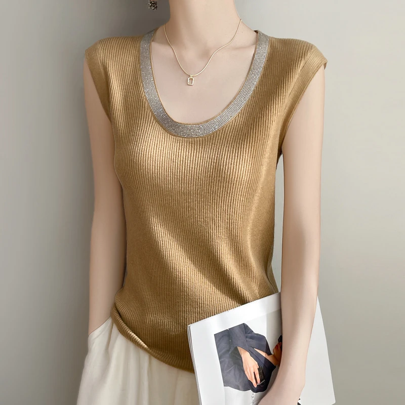 【将军专属】新款精纺U领女士无袖背心撞色镶钻设计针织宽松套头