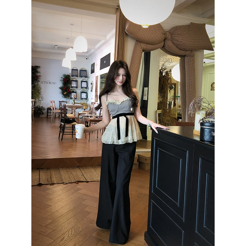 【12YE】辣妹风显瘦性感蕾丝拼接腰头直筒长裤 K1050