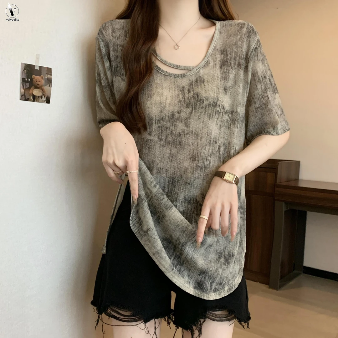 VALVOELITE别致国风水墨扎染短袖体恤女夏季大码宽松遮肚开叉上衣